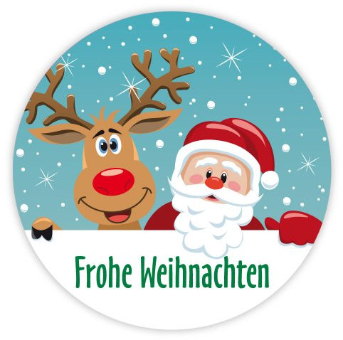 Weihnachtsaufkleber Weihnachtssticker Frohe Weihnachten - Rentier mit Weihnachtsmann rund Ø 30 mm, 100 Stück auf Rolle, Haftpapier glänzend