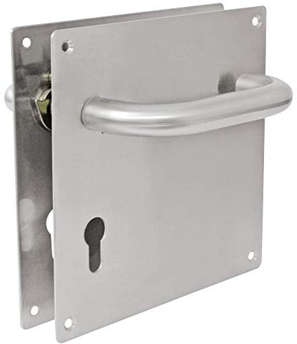Amig - Juego de Manillas con Placa para Puertas - Mod. 3CB85-180x180 mm - Cuadradillo de 8 mm - Con bocallave de 85 mm - Acero inoxidable 18/8 Plateado Mate