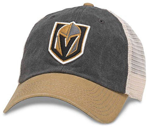 American Needle NHL Hanover Trucker-Mütze, Netzstoff, verstellbarer Riemen, Las Vegas Golden Knights (Elfenbein/Schwarz/Gold), Einheitsgröße