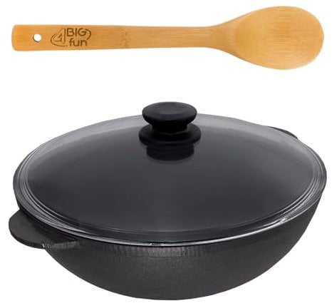 4BIG.fun Asia Poêle à frire 4,7 l en fonte avec couvercle en verre et cuillère en Poêle wok 30 cm