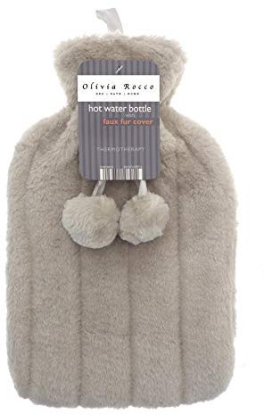 Olivia Rocco Plain Faux Fur Hot Water Bottle with Pom Poms Thermotherapy Hotwater Plush Fleece Bottles Winter Gift, Mink