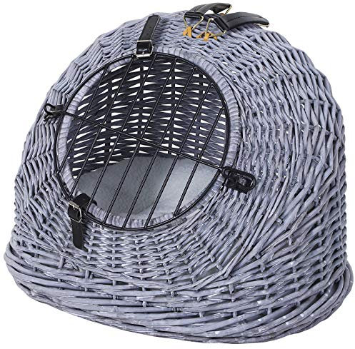 PawHut Transportkorb Transportbox für Katzen Hunde, Korbhöhle mit Gitter,Katzenhaus aus Weide, Katzenkorb, Weidekorb, Grau, 47 x 35 x 35 cm