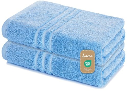 Lavea 2er Set Saunatuch 80x200 cm – Hochwertige, Saugstarke Saunatücher aus 100% Baumwolle, Frottierserie Elena – Waschbar und Strapazierfähig - Delphinblau