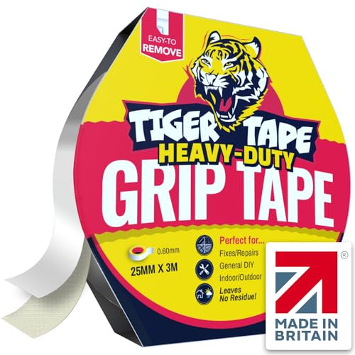 Tiger Tape® UK Made. Super Strength Double Sided Tape. Super Strong & Thick, Works on Wood, brick, glass, concretes. Indoor/Outdoor Use | Removable with No Residue for Grips, DIY, Repairs and Fixes.