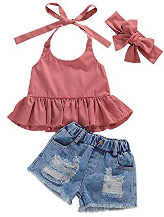 Geagodelia Completo Bambina Estivo in 3 Pezzi Top Senza Maniche con Volant+Pantaloncini in Jeans + Fascia con Fiocco Set di Vestiti Abiti Tuta Bambine Estate 1-6anni (Rosa, 2-3 Anni)