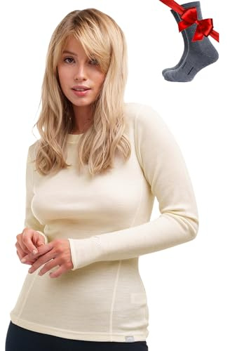 Merino.tech Maglia Termica Donna Lana Merinos - 100% Lana Merino + Calzini (Medium, 250 Natural Merinos)