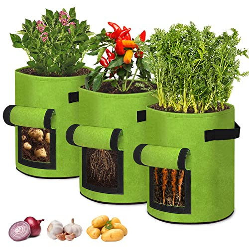 AufuN Pflanzsack Kartoffel 10 Gal, 3 Stück 38L Pflanzen Tasche, mit Klettverschluss Sichtfenster und Griffen, Wiederverwendbar, zur Aufzucht für Erdbeeren, Karotten, Tomaten, Blumen (35x40cm, Grün)