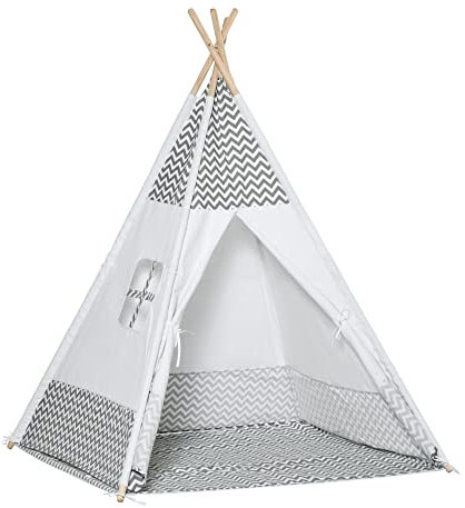 HOMCOM Kinderzelt für +3 Jahre Kinder Tipi aus Holz mit Fenster, Matratze und Tragetasche für drinnen und draußen 120x120x155 cm Grau