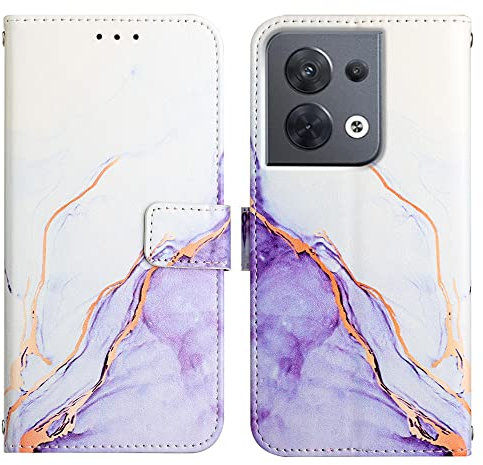 OPPO Reno8 5G Phone Case Marble Shockproof Leather Flip Folio Book Wallet Cases with Card Holder Stand Magnetic Closure Silicone Bumper Protector Cover for OPPO Reno 8 5G, White & Purple