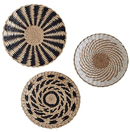 RXMORI Boho Wandkorb Dekor Set mit 3 handgefertigten, gewebten Rattan-Wandplatten, runde flache Weidenkörbe für Wohnzimmer Schlafzimmer, 25cm-30cm-35cm