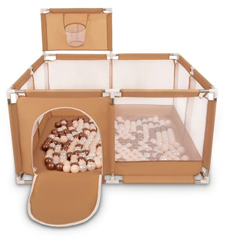 Selonis Laufstall Mit Korb Und 400 Bälle Laufgitter Für Kinder, Beige:Pastellbeige/Kupferrot/Perle