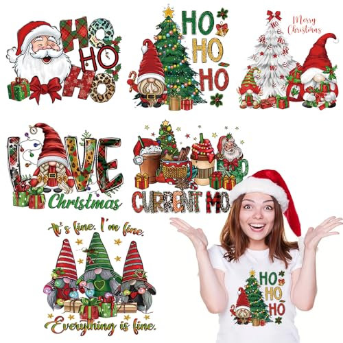 6 x Weihnachts-Bügelbilder, Weihnachtsdesign, zum Aufbügeln, Wärmetransfer-Vinyl-Aufkleber, rot, grün, Weihnachtsmann, Zwergbaum, Geschenk, Design, Frohe Weihnachten, Applikation für T-Shirt, Hoodie,