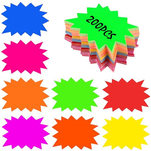 HMIEPRS Etiquetas de Precio Fluorescentes Signos, 8 Colores Precio al por Menor Etiquetas, Starburst Etiqueta de Venta Signos, Papel Descuento Venta Etiqueta para Tienda Supermercado (200)