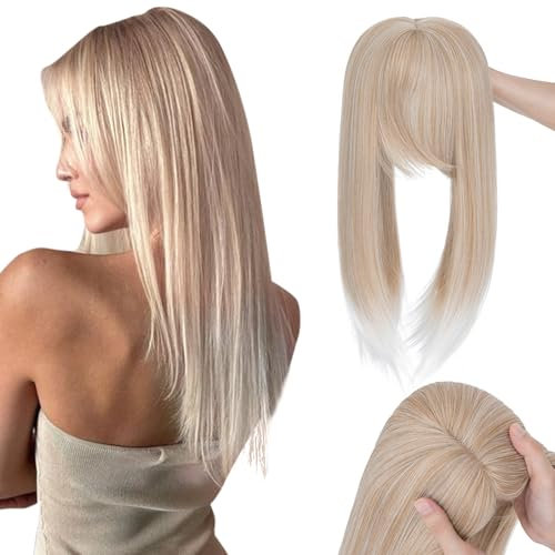 TESS Clip in Hair Topper mit Bangs Mittelblond mix weiß Ombre, 45 cm Lang for Thinning Hair Pony Haarteil, 4 Clips Hair Toppers Für Frauen für den täglichen Gebrauch, Fotografie und Party 175 g