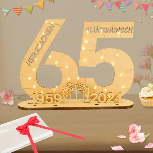Seutgjie 2024 Geldgeschenke Geburtstag 65 Geburtstagszahlen Holz Schild Gästebuch mit LED Lichterkette Ständer und Kerzenhalter für 65 Jahre Mann Frau für Hochzeit Jubiläum Tischdeko 1959-2024