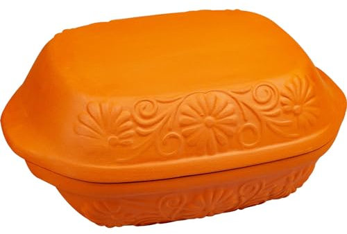 BROWIN® Tonbräter Bräter aus Naturton Blumen 4 Liter | Tonbräter Dampfgarer | Römischer Tonofen | Auflaufform für fettfreies Kochen und zum Backen von Brot und Kuchen | Brätertopf (4 Liter)