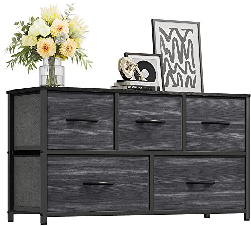 YITAHOME Kommode, Schrank, Aufbewahrungsschrank, 5 Schubladen aus Stoff mit Griffen, Aufbewahrungskommode, Schwarze Holzmaserung