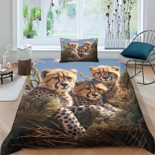 ZBOLI 3D Gepard Bettwäsche Set 3 Teilig Mit Reißverschluss Weiche Und Angenehme Schlafkomfort Microfaser Wildlife Bettbezug,mit Kissenbezug,für Erwachsene Kinder Teenager Single（135x200cm）