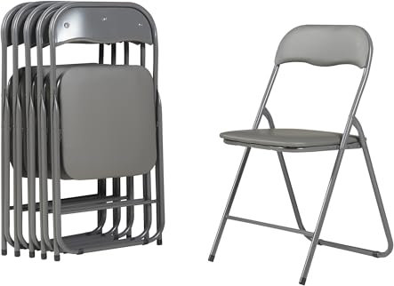 Panana Klappstühle mit gepolstertem Kissen und Rückenlehne, Metallstühle für Zuhause und Büro, zusammenklappbare Stühle für drinnen und draußen, Grau, 6 Stück