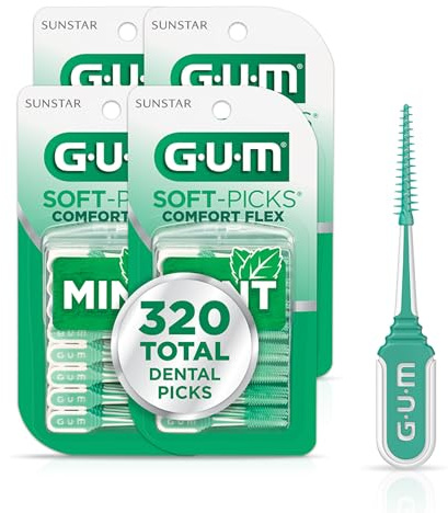 GUM Soft-Picks Comfort Flex, plettri dentali facili da usare per la pulizia dei denti, spazzolini interdentali usa e getta con comoda custodia, raccomandati dai dentisti, menta, 80 ct (4 pezzi)