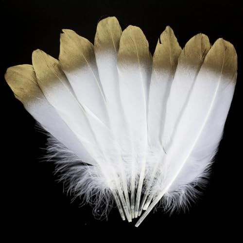chaojukj 15–20 cm, 50 Stück, Gold Weiß Federn, natürliche Gänsefedern für selbstgemachte Hochzeitsdekorationen, Engelsflügel und Feenbasteleien