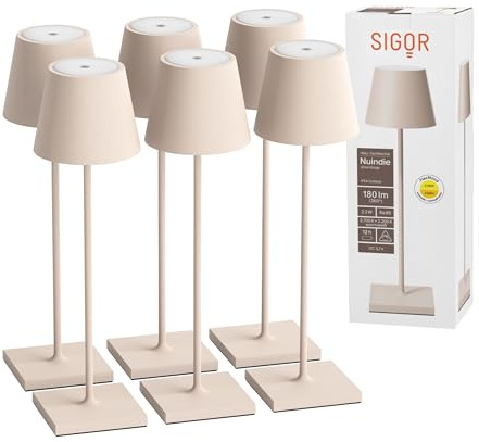 SIGOR Nuindie 2.0 Akku-Tischlampe, 6er-Set, dünenbeige | Dimmbar • Indoor & Outdoor • IP54 • 38 cm • USB-C • 12 h Leuchtdauer