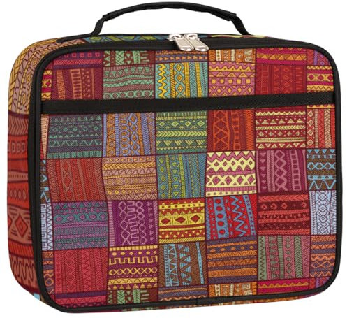 Lonchera étnica a cuadros aislada, lonchera geométrica vintage, lonchera térmica para viajes, picnic y trabajo