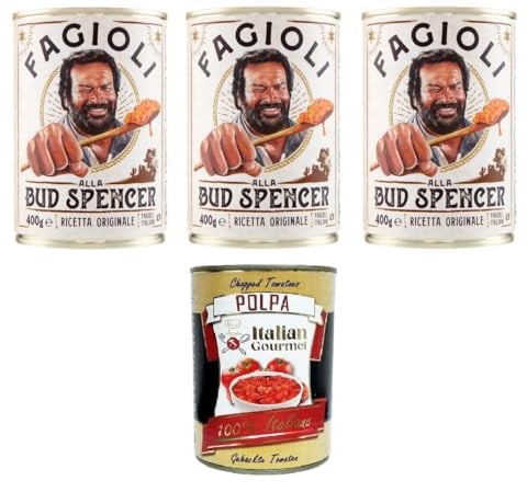 Fagioli “alla Bud Spencer” 3x400g – 1,2 kg herzhafte Bohnen in Tomatensauce, verzehrfertig, ideal zum Erwärmen, Brot & Grill – Familien-Vorrat + Italian Gourmet polpa