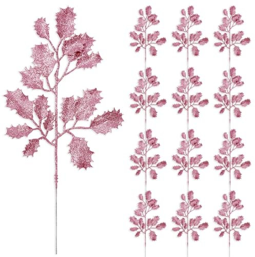 12 hojas de Navidad con purpurina, hojas de acebo artificiales, hojas de acebo artificiales brillantes, hojas de acebo artificiales brillantes para árbol de Navidad, guirnalda, decoración del hogar