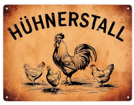 Hühnerstall Metallschild XXL in 28x38 cm mit Hahn und Hennen Vintage Illustration Rustikal Nostalgie Zuhause Selbstversorger Stall Garten