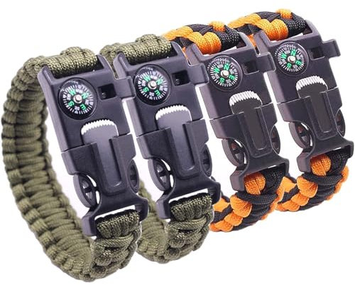 FLEXNOVA 4 Stück Survival Armband, Multifunktionales Outdoor Paracord Armband mit Kompass, Feuerstein, Rettungspfeife, Rasierklinge, Fallschirmseil