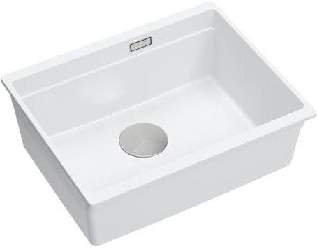 QUADRON fregadero LOGAN 100 de GraniteQ, color: blanco, 59,5x45,1x21,5 cm, fregadero de 1 cubeta, de un seno, fregadero bajo encimera con sifón manual, acero inoxidable, fregadero de cocina de granito