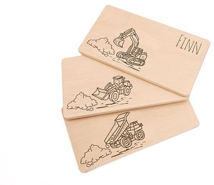 Personalisiertes Frühstücksbrettchen Baustelle aus Buchenholz | Bagger, Lastwagen, Radlader | Kinder Brettchen mit Name (Bagger)