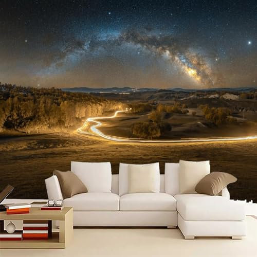 Sternenhimmel, Bergstraße, Wandbild, Nordlichter, Landschaft, Nacht, Tapete für Schlafzimmer, Wohnzimmer, nicht klebend, Dekoration, 125 x 80 cm