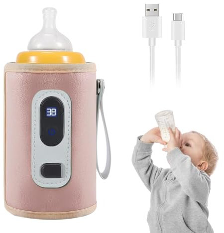 DASIAUTOEM Flaschenwärmer Baby, Tragbarer Flaschenwärmer, USB Babyflaschenwärmer, Digitale Temperaturanzeige, Unterwegs, Reise Baby Milchwärmer mit LCD Display (Rosa)