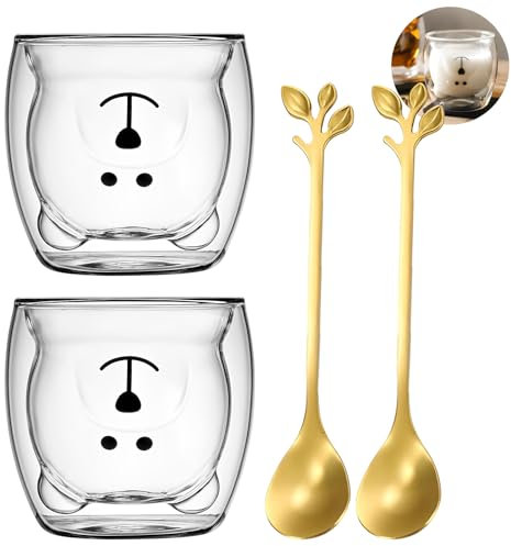Xiuyer Gläser Doppelwandige Kaffeegläser, 2 pcs Doppelwandige Latte Macchiato Gläser Mit 2 Löffeln Glasbecher Cocktailgläser Wein Tasse Schnapsgläser für Whisky Wodka Absinth 250ml(Bär)