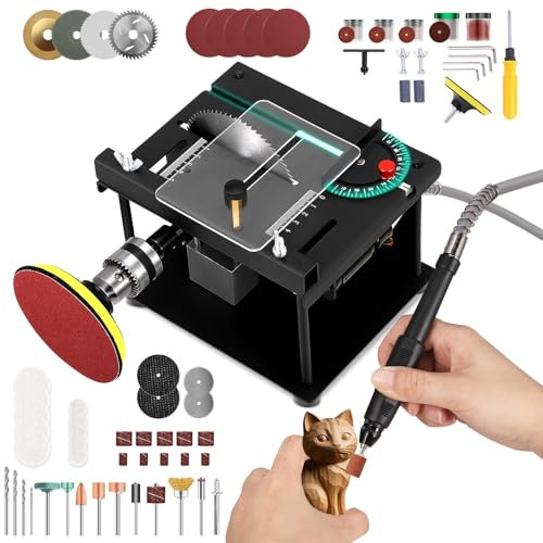 Mini Multifunctional Table Saw, Portable Mini Table Saw with Belt Sander, Adjustable Speed and Angle, with Carving Accessories, Suitable for Handmade DIY Woodworking Model Crafts