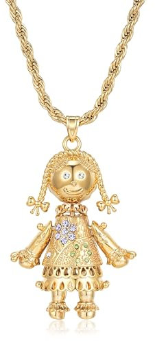 5mm Gold 3D Rag Doll Pendant Necklace With Multi Stones, 24-Inch, 82g, Gold Plated - Bling King London