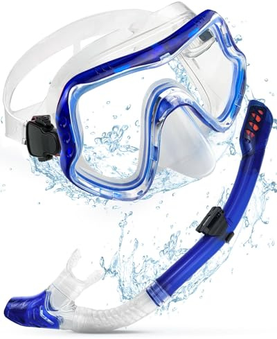 Professional Dry Snorkel Set PC Glass Lenses Anti-Fog Scuba Diving Mask Wide-Angle Panoramic High Definition Effortless Breathing Ideal for Adults and Youth Blue