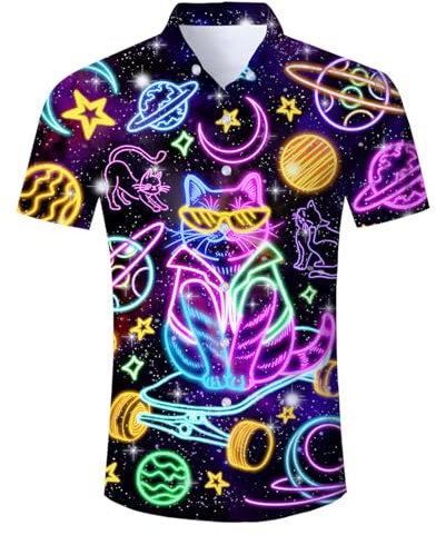 ALISISTER Mens Hawaiian Shirt 3D Neon Cat Printed Short Sleeve Ugly Shirts Tropical Button Down Beach Holiday Aloha Retro Summer Shirts M