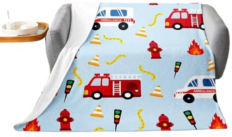 Feuerwehrmann Flanell Decke,Warm Microfaser Wohndecke für Sofa und Bett, Feuerwehrwagen Kuscheldecke 130x150cm für Kinder Jungen Mädchen (T4,75 x 100 cm)