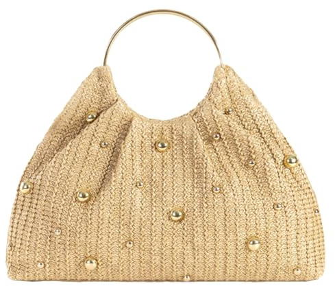 2025 Chic Sac fourre-tout en paille rond élégant Pochette de soirée pour femme Sac à main avec poignée en métal et perles, kaki