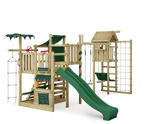 Fatmoose Aire de Jeux Portique d'escalade CrazyCoconut Club XXL avec TowerSwing, Toboggan Vert & Vert bâche, extérieur Enfants Tour d'escalade avec bac à Sable, échelle & Accessoires de Jeux