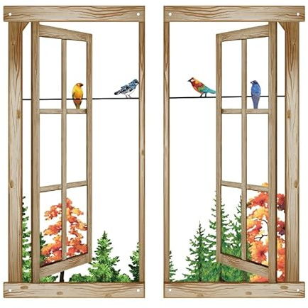Resama Metall Wandkunst Vögel in der Fensterlandschaft Wandhänger, Berg und Wald Natur Metall Wand Dekor, einzigartige große Wand Dekor, Innendesign Housewarming Geschenk (bunt, groß)