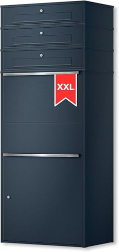 Metzler Paketbox mit 3 Briefkästen draußen groß XXL, Briefkasten 3 Parteien mit Paketfach in Anthrazit RAL7016, Paketbriefkasten, Standbriefkasten, Paketkasten, rostfrei & wasserdicht - Bispo Max