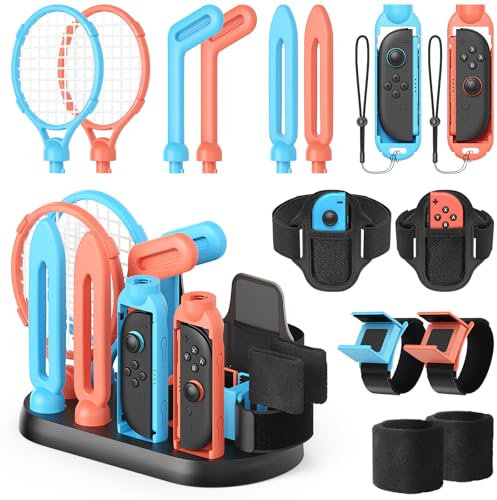 Accessories Switch Sports Zubehör-Set für Nintendo Switch 2/Switch 1 mit Organisationsstation, Tennisraketen, Golfschläger,Chambara-Schwerter,Fußball-Beinstraps, Handgelenk-Straps