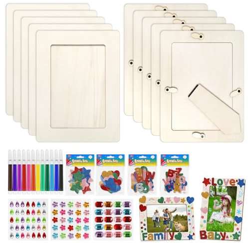 Kaluofan 10er Set DIY Bilderrahmen Holz, 20 x 15 cm, mit 3D Glitzersteinen und Selbstklebend für Kindergeburtstage