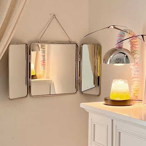 WZWZEN Quadratischer Dreifach Faltbarer Schminkspiegel, Wandspiegel Mit Rahmen Aus Edelstahl 304, 30 * 60 cm HD-Dekorspiegel, Für Badezimmer, Schlafzimmer