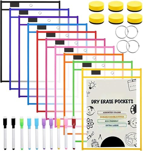 10 Stück Dry Erase Taschen, Abwischbare Durchsichtige Hüllen Reusable Dry Erase Pockets Schreibwaren Lieferungen Mehrfarbige Trocken Abwischbare Taschen für Klassenzimmer, Büro