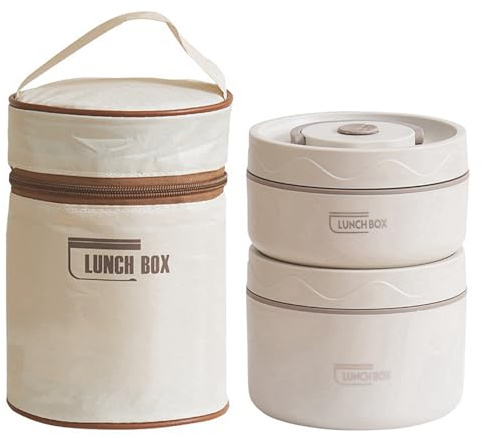 YIMINI Solierte Lunchbox, Thermobehälter für Essen mit Thermotasche, Edelstahl Warmhaltebehälter für Heiße/Kalte Speisen Suppe, Bento-Box-Behälter für Kinder Schule, Büro, Outdoor (Beige)